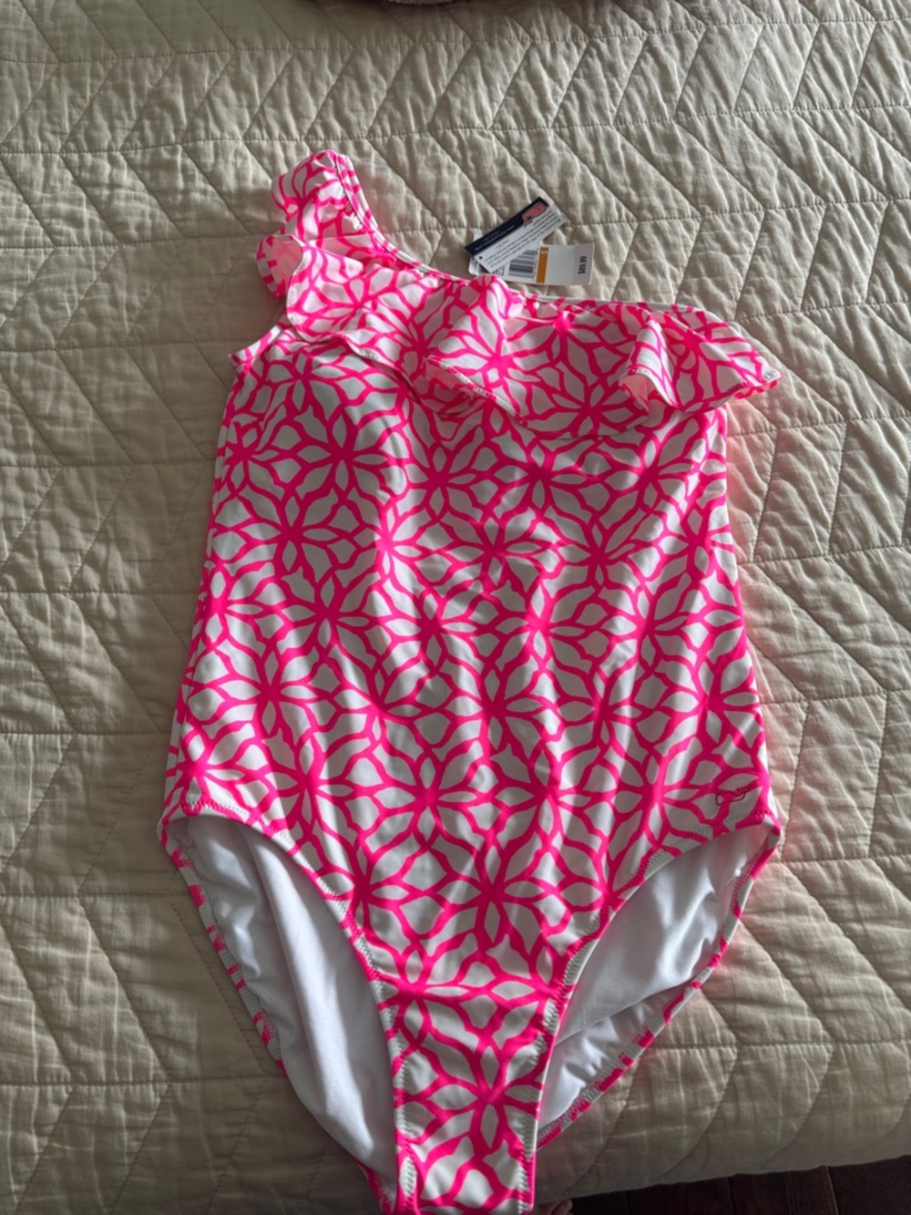 One-Shoulder Pink and White Patterned Womens one shoulder Swimsuit